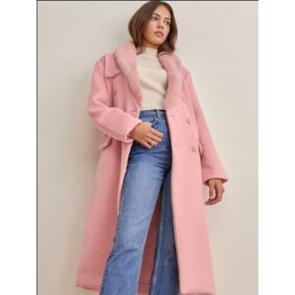 💕REFORMATION💕 Lester Coat ~ Faux Fur Shawl Collar Double Breasted Pink S NWT - Picture 4 of 15